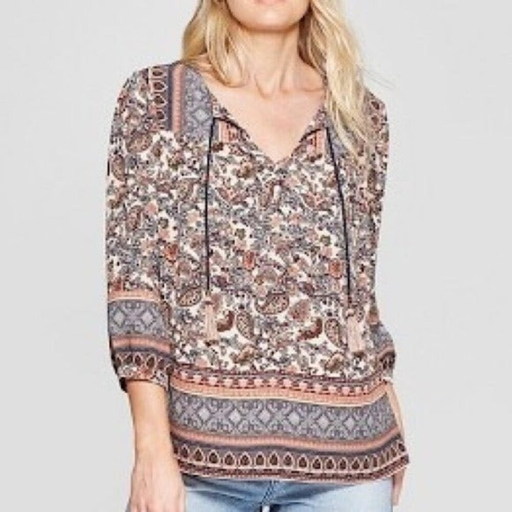 Knox Rose Boho Women's Paisley Border Tassel Top Size Small